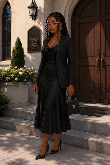 The image features a woman wearing a black dress, standing outside of an old building with a wooden door. She has her hair styled in braids and carries a purse over her shoulder. The photo captures a moment where she appears to be posing for the camera while looking directly at it.