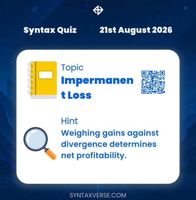 A "Syntax Quiz" graphic dated 21st August 2026, featuring a notebook icon, magnifying glass, and QR code alongside the topic "Impermanent Loss" and the hint "Weighing gains against divergence determines net profitability," with the website syntaxverse.com at the bottom.