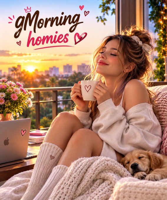 An image with text 'gMorning homies' featuring a woman enjoying coffee on a balcony at sunrise with a sleeping puppy and a laptop.