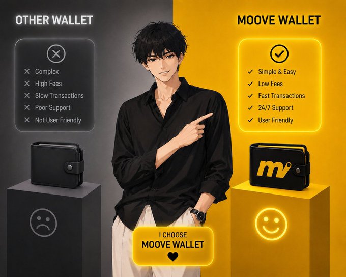 Anime-style marketing graphic for 'MOOVE WALLET' comparing it favorably to 'OTHER WALLET' features, showing a young man pointing toward the Moove Wallet options.
