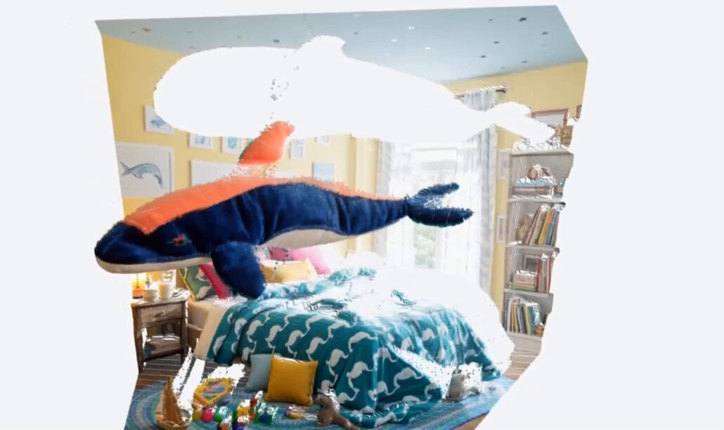 The image shows a bedroom with a large blue whale stuffed animal sitting on top of a bed. The room also contains various books scattered around, indicating that the occupant may be an avid reader or student. The photo has been edited using a technique called Modality Forcing, which transforms the FLUX.2-klein model into one capable of handling both images and depth. This allows for the creation of a 3D image from a 2D scene, as well as the generation of images from depth. The post also mentions that this technique can be used to generate an immersive experience by combining multiple images or scenes in a single frame.