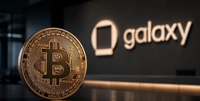 A golden Bitcoin coin stands in the foreground in front of the illuminated "Galaxy" logo on a dark wall, symbolizing Galaxy Digital's $5 million investment in funding developers to make Bitcoin resistant to quantum computer threats.
