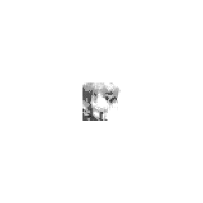 The image is a pixelated, low-resolution grayscale rendering of a seated portrait figure, centered against a white background. It appears to be the preview/thumbnail artwork for an NFT minted through Artificial.han.io, matching the listing referenced in the post.
