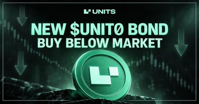 A promotional banner for the cryptocurrency UNITS featuring a green coin with the brand's logo and the text 'NEW $UNIT0 BOND BUY BELOW MARKET' against a dark background with downward arrows.