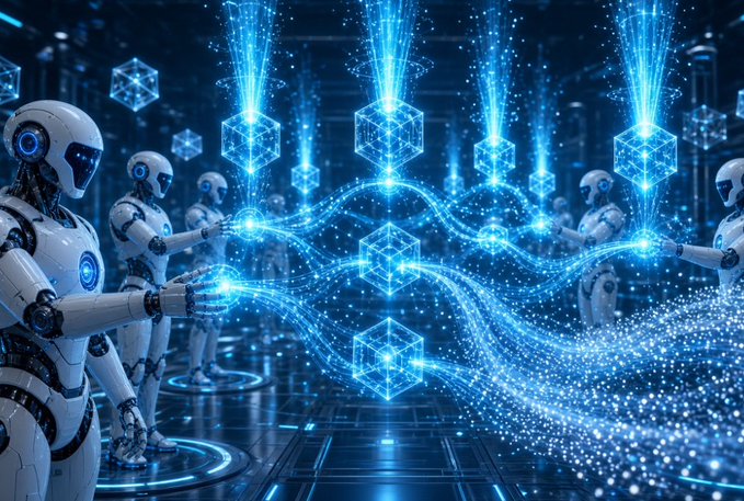 A futuristic scene featuring humanoid robots interacting with glowing blue holographic cubes and streams of light particles in a high-tech environment.