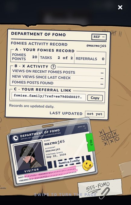 A digital illustration displays a 'FOMIES ACTIVITY RECORD' for user 'marmoj65' showing 20 points and 2 tasks, along with a virtual visitor ID card and a referral link for 'fomies.family'.