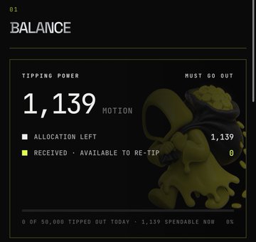 A balance screen displaying 1,139 MOTION tipping power, with 1,139 allocation left and 0 received/available to re-tip, showing 0 of 50,000 tipped out today.