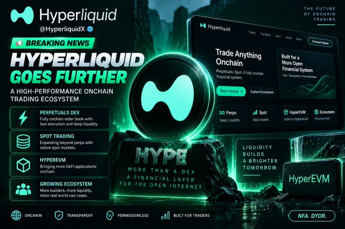 A promotional graphic for Hyperliquid (@HyperliquidX) announcing 'HYPERLIQUID GOES FURTHER' as a high-performance onchain trading ecosystem.