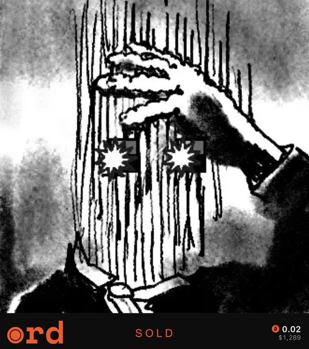 A black-and-white manga panel illustration from 'Chainsaw Man' showing a character with hands on their face and star-shaped eyes, with a banner below indicating it is SOLD on 'ord' for 0.02 BTC ($1,289).