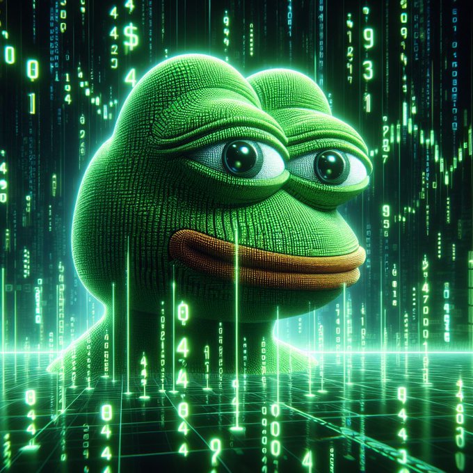 An AI-generated image of a Pepe the Frog character rendered in a green Matrix-style digital environment with falling numbers.