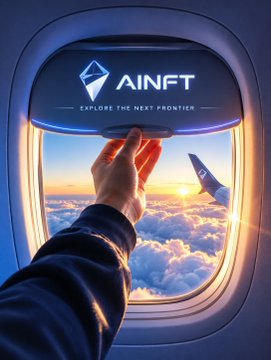A hand pulls down an airplane window shade displaying the AINFT logo and the tagline "EXPLORE THE NEXT FRONTIER," revealing a view of clouds, a sunset, and a plane's wing. The imagery of flight and discovery visually reinforces the post's message about the AINFT Agent Framework empowering developers to build intelligent, scalable multi-agent systems for the next frontier of Web3.