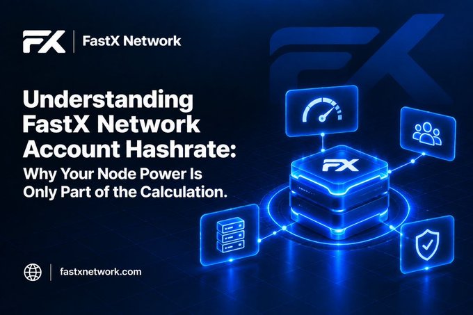 A promotional graphic for FastX Network (FX) titled "Understanding FastX Network Account Hashrate: Why Your Node Power Is Only Part of the Calculation," featuring a stylized blue cube with the FX logo connected to icons representing speed, users, servers, and security, with the website fastxnetwork.com displayed at the bottom. The image visually reinforces the post's message that account hashrate depends on more than just node power, incorporating factors like referrals and network activity shown through the interconnected icons.