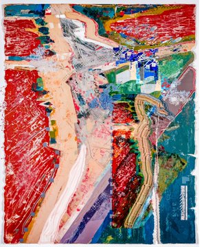 An abstract mixed-media painting featuring vibrant, chaotic compositions of red, green, blue, and peach hues with layered brushstrokes and collaged elements, including visible text fragments like "THEATRE," "MIRRORS," and "MUSIC." The artwork's fragmented, textural aesthetic mirrors the post's theme of summer dissolving into disorder, reflecting how music and memory unravel in a collage of color and emotion.