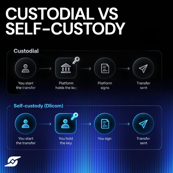 An infographic titled 'CUSTODIAL VS SELF-CUSTODY' comparing two cryptocurrency transfer processes, showing how platforms or users hold the keys, sign, and complete transfers.