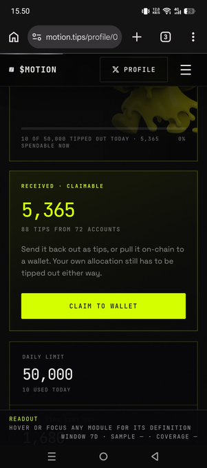 A mobile screenshot of the $MOTION Profile page showing a claimable balance of 5,365 from 88 tips across 72 accounts, with a 50,000 daily tipping limit and a "Claim to Wallet" button. The image relates to the post by providing visual evidence of the user's $MOTION token earnings and the withdrawal interface they're advising others to be patient with while waiting for dev to top up ETH.