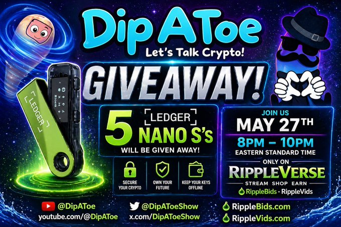 The image features an advertisement for Dip A Toe, which is a cryptocurrency wallet service. The poster includes a green USB drive with a cartoon character on it, as well as a description of the Bitcoin wallet service. The text on the poster encourages viewers to "Let's Talk Crypto!" and mentions that there will be a giveaway for five Nano S's in May.
