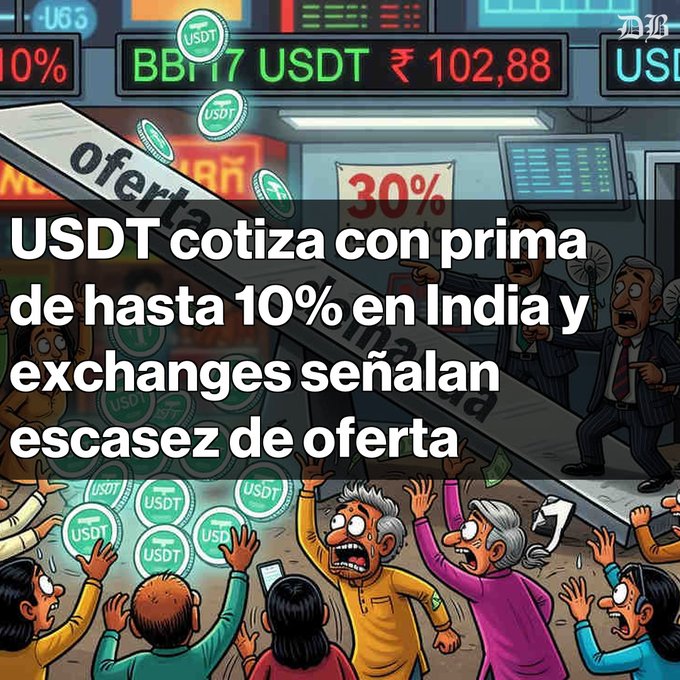 A cartoon illustration depicting a chaotic trading scene with digital price boards showing 'BB177 USDT ₹102.88' and '30%', overlaid with Spanish text reading 'USDT cotiza con prima de hasta 10% en India y exchanges señalan escasez de oferta' about USDT trading at a premium in India.