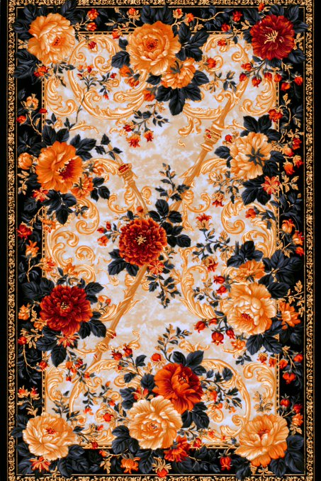 A decorative rug or tapestry pattern featuring orange, red, and dark blue floral motifs with gold-colored scrolling borders and accents.