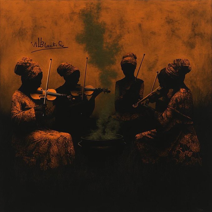 The image features a group of people playing musical instruments together, including violins and cellos. The musicians are dressed in traditional clothing, which adds cultural context to their performance. The scene takes place outdoors, possibly at an event or gathering where music is being played for an audience.