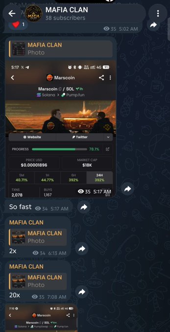 A Telegram channel screenshot for 'MAFIA CLAN' showing a Marscoin token presale at 78.1% progress with $0.00001896 price and a 118K market cap.