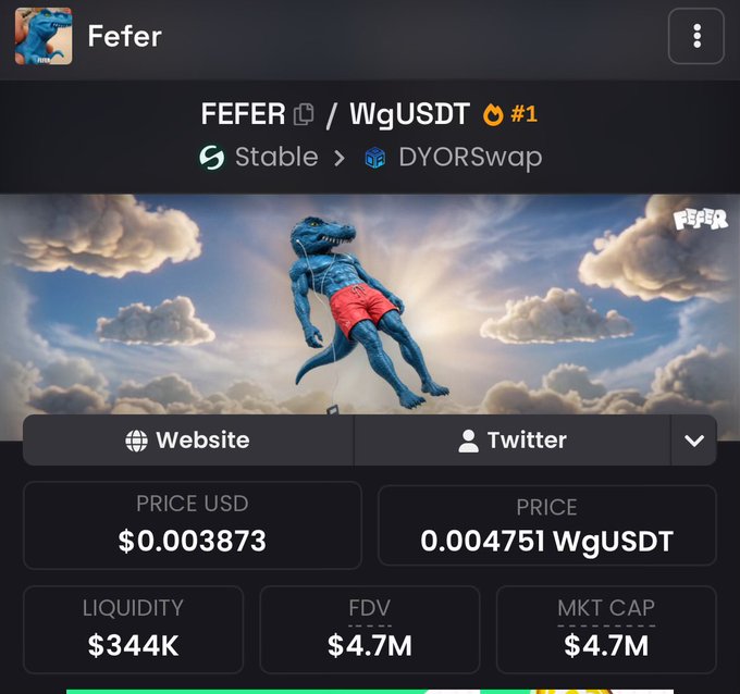 The image shows a cryptocurrency tracker page for the meme token "FEFER" on the WgUSDT pair via DYORSwap, displaying a price of $0.003873 (0.004751 WgUSDT), liquidity of $344K, and a market cap of $4.7M, with a banner featuring a muscular blue dinosaur wearing red shorts floating among clouds. The page supports the post's bullish outlook on $FEFER by showcasing its current market metrics as the creator hints at future growth.