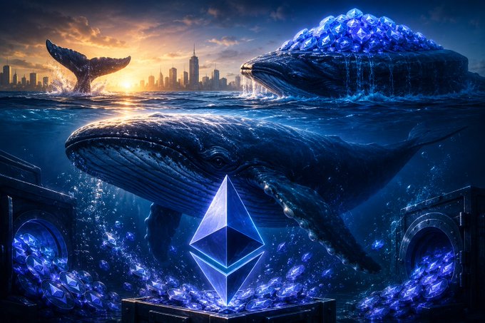A fantasy digital artwork showing large whales swimming above and below water around a glowing blue Ethereum logo, with one whale carrying blue crystals on its back against a city skyline.