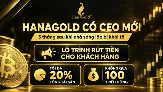 A gold-themed advertisement for 'HanaGold' featuring a Bitcoin, announcing a new CEO and detailing a withdrawal roadmap with a maximum 20% of total assets and a cap of 100 million VND.