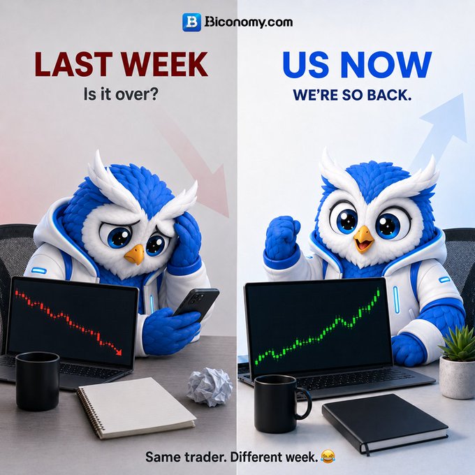 A Biconomy.com meme shows an owl mascot representing a trader's shift from despair last week (red downtrend) to excitement now (green uptrend), captioned 'Same trader. Different week.'