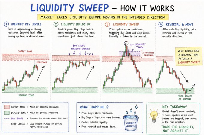 An educational infographic titled "LIQUIDITY SWEEP – HOW IT WORKS" explaining a four-step market concept (Identify Key Levels, Liquidity Builds Up, Liquidity Sweep, Reversal & Move) using candlestick charts, supply/demand zones, and annotations like "Buy Stops," "Stop-Losses Triggered," and "What looked like a breakout was actually a liquidity sweep!" — directly illustrating the post's point that traders often get stopped out right before the market moves in their intended direction.
