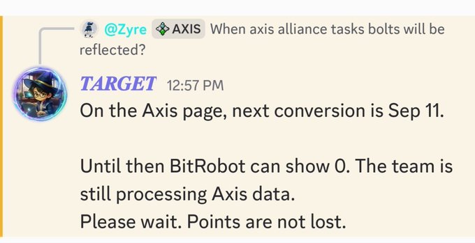 A screenshot of a Telegram chat where user @Zyre asks the AXIS community "When axis alliance tasks bolts will be reflected?" and an admin named TARGET responds that the next conversion is Sep 11 and points are not lost.