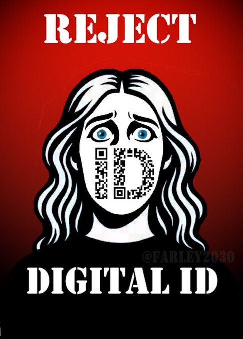 The image features a poster with a cartoon depiction of a person's face, which has an id tag or QR code printed on their forehead. The text "REJECT" is written above this image, and there are two additional texts below it that read "Digital ID". This poster serves as a reminder to pay attention to the use of digital identity in today's world.