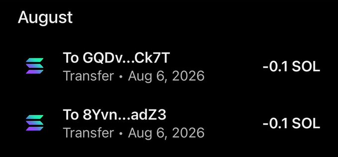 A screenshot showing two Solana (SOL) transfers from August 6, 2026, each displaying "-0.1 SOL" sent to addresses "GQDv...Ck7T" and "8Yvn...adZ3." This visual confirms the sender is distributing small amounts of cryptocurrency (0.1 SOL each) to recipients like @Horisweb3 and @renji_xbt as part of a giveaway promotion.