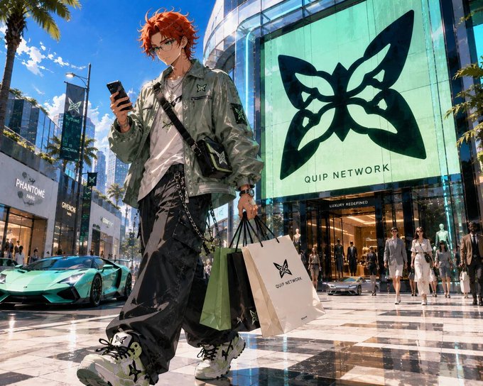 An anime-style illustration shows a red-haired character carrying 'QUIP NETWORK' shopping bags outside a store with a matching butterfly logo, with a green sports car parked nearby.