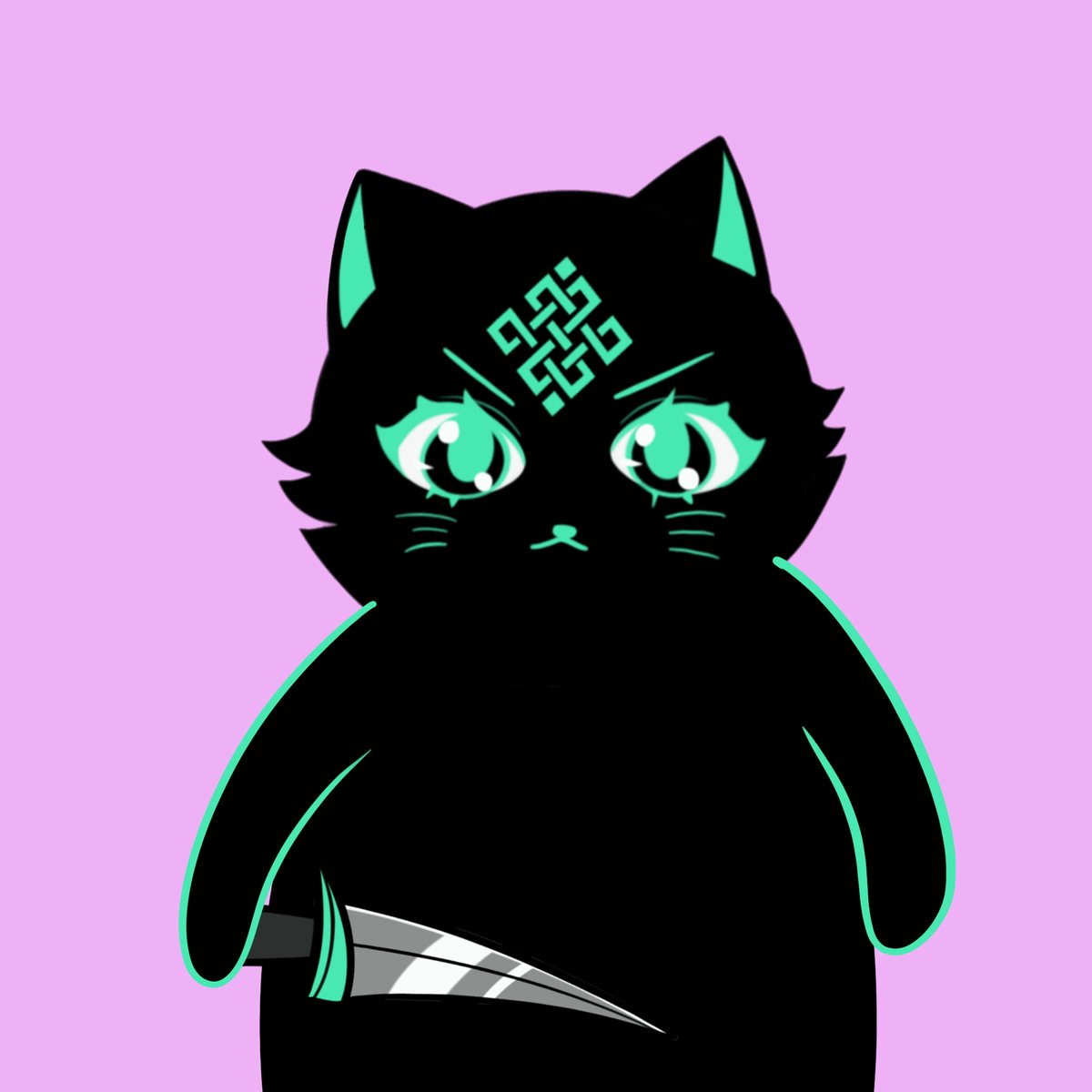 The image features a cartoon cat with green eyes, black fur, and a large nose holding a knife. The cat appears to be staring at something or someone, possibly an audience member. The background of the image is pink, which contrasts with the dark colors of the cat's fur and the knife it holds. The caption reads "Good morning gRitual to those who bulds on Ritual Ready to witness a massive shift?" This suggests that the image might be related to a post about the evolution or impact of rituals in modern society.