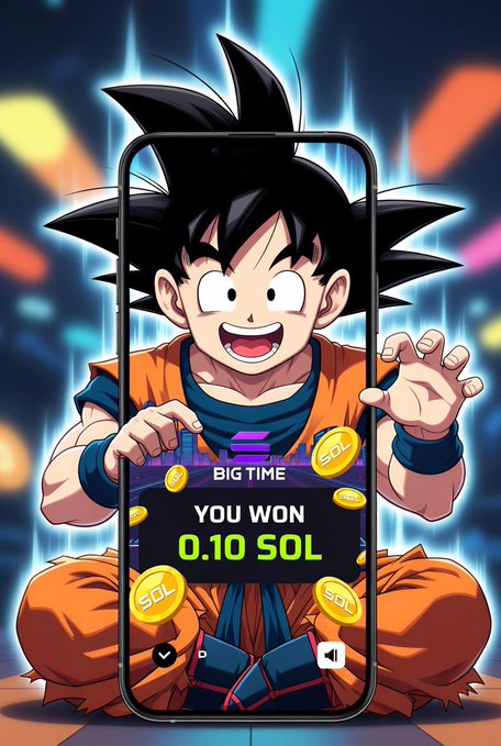 Digital artwork featuring a Dragon Ball-style anime character (Goku) reaching through a smartphone screen that displays 'BIG TIME YOU WON 0.10 SOL' with floating SOL coin graphics.