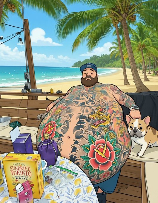 A cartoon-style illustration of a heavily tattooed, bearded man in a cap sitting at a beachside table with a French bulldog beside him, with a box labeled 'SUNDRIED TOMATO' and drinks in the foreground, set against a tropical beach with palm trees and the ocean.