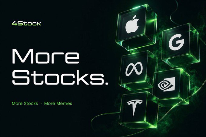 A promotional graphic for "4Stock" with the tagline "More Stocks. More Stocks · More Memes" alongside green glass cubes displaying logos for Apple, Google, Meta, NVIDIA, and Tesla.