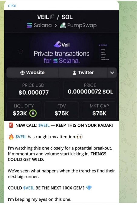 The image shows a DexScreener-style token page for $VEIL on Solana (via PumpSwap) priced at $0.000077, with a low liquidity of $23K and market cap of $75K, alongside a shill post promoting it as a potential "100x gem." It serves as promotional material for a $10 SOL giveaway, leveraging the low-cap meme coin stats to drive engagement and retweets.
