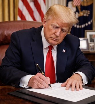 Former U.S. President Donald Trump sits at a desk signing a document.