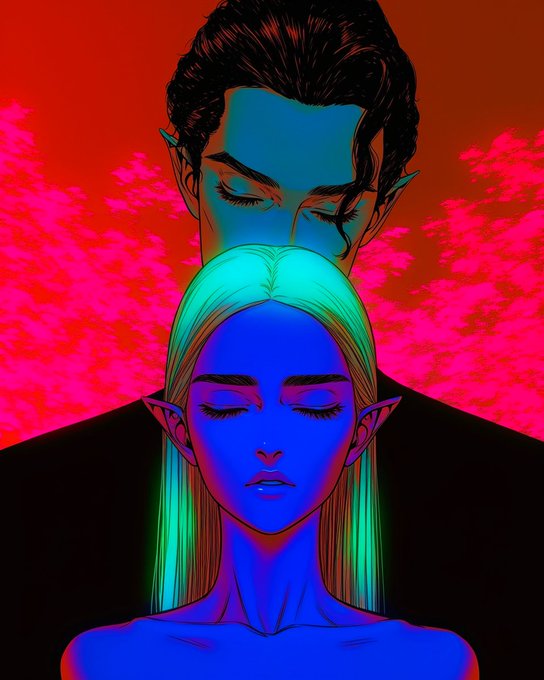 A stylized illustration of two figures with blue-tinted skin and pointed elf-like ears, eyes closed, set against a red and pink background with tree silhouettes.
