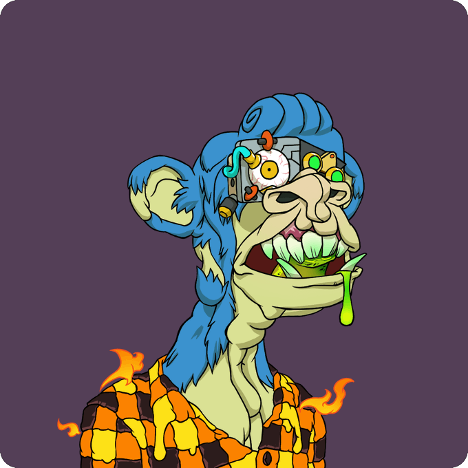 A cartoon illustration of a blue-haired ape with a cybernetic eye, green glowing teeth, and a smoking orange plaid shirt.