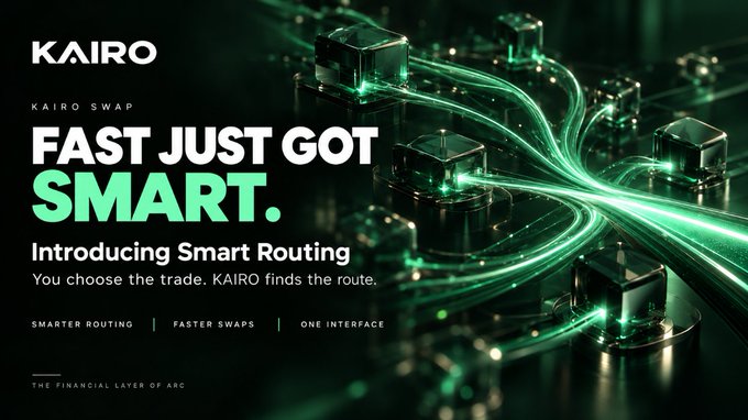 A promotional banner for KAIRO KAIRO SWAP featuring the tagline 'FAST JUST GOT SMART. Introducing Smart Routing' with abstract green digital cube imagery, highlighting 'SMARTER ROUTING | FASTER SWAPS | ONE INTERFACE' and noting it as 'THE FINANCIAL LAYER OF ARC'.