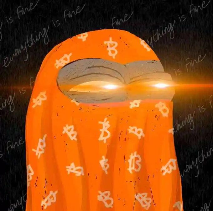 The image depicts a hooded figure dressed in an orange Bitcoin-patterned cloak, with glowing eyes peering through the shadowed hood, set against a dark background watermarked with the phrase "everything is fine." The caption "All roads lead back to Bitcoin" reinforces the visual's message that Bitcoin is the ultimate destination or truth underlying all financial paths, with the ominous yet calm figure symbolizing unwavering conviction in cryptocurrency.
