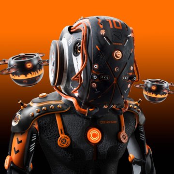 A 3D digital rendering of a futuristic character wearing a black and orange hooded outfit with mechanical drones attached to its sides, set against a solid orange background.