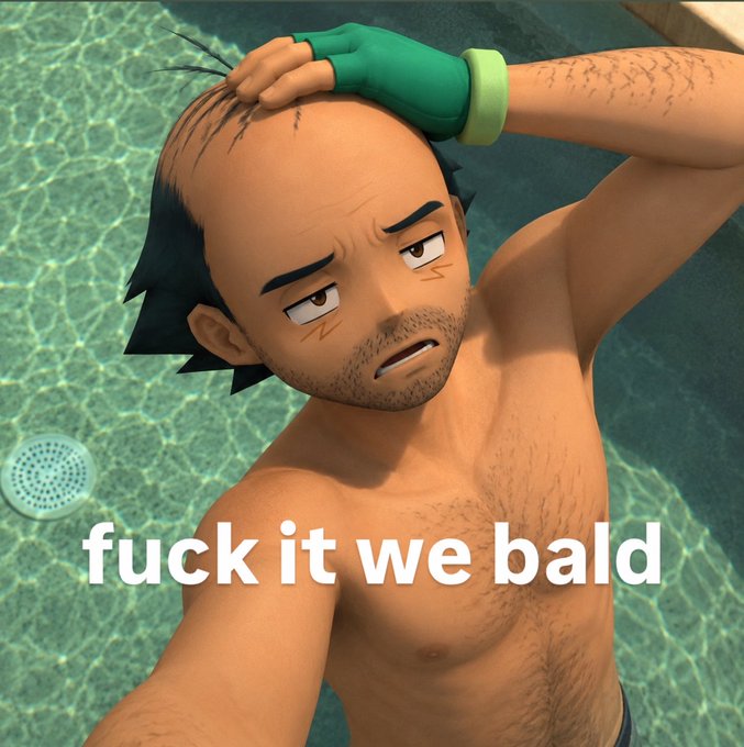 A 3D animated man with a receding hairline clutches his thinning hair in dismay, captioned "fuck it we bald," humorously symbolizing the "no hair, don't care" resilience behind the $ASH community's milestone of smashing a 1 million market cap ATH.