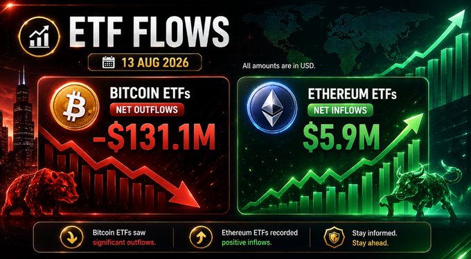 An 'ETF FLOWS' dashboard dated 13 AUG 2026 showing Bitcoin ETFs with NET OUTFLOWS of -$131.1M and Ethereum ETFs with NET INFLOWS of $5.9M.