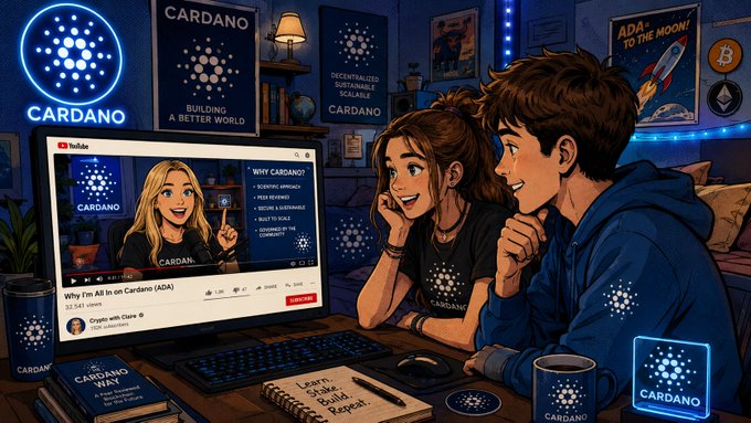 The image depicts a group of people sitting around a computer, watching a video or presentation related to Cardano. The scene includes two individuals wearing black t-shirts with "Cardano" written on them, as well as another person wearing a blue hoodie. A keyboard and mouse are visible in front of the viewer, suggesting that they might be working together on a project or discussing the content displayed on the screen.

The image also features a book placed near one of the individuals, possibly containing information related to Cardano or their involvement with it. The overall atmosphere suggests an engaging discussion about the video or presentation being shown, and the people in the scene appear to be actively participating in this activity.