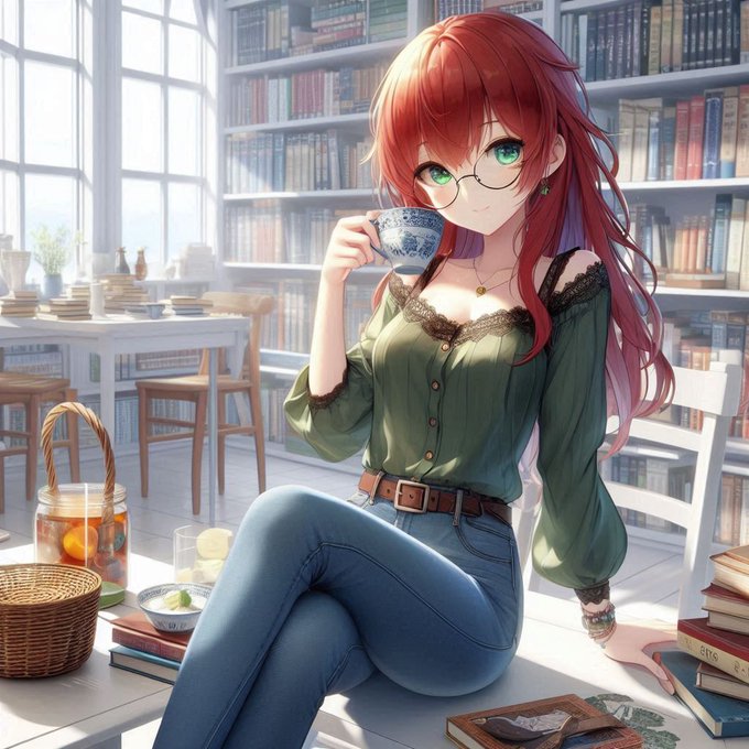 An anime-style illustration of a red-haired girl with green eyes and glasses, wearing a green top and jeans, sitting on a table holding a teacup in a book-filled room.