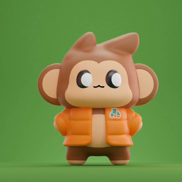 A 3D-rendered cartoon monkey character wearing an orange puffer jacket, standing against a solid green background.