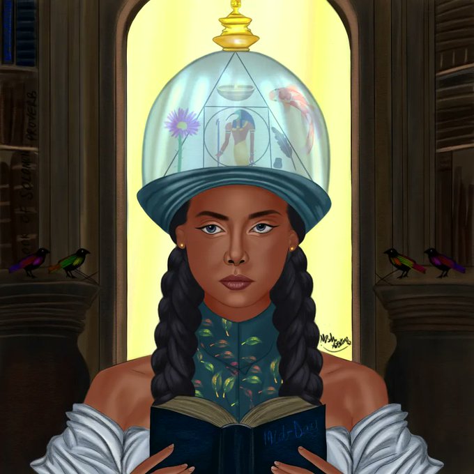 A digital painting depicts a woman with braided hair wearing an ornate helmet containing aquatic life and geometric symbols, reading a book titled 'Water Daou' flanked by colorful birds.